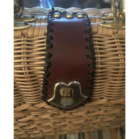 Vintage Wicker Box Handbag Leather Handle Brass Latch 1950s Palm Beach Style EUC - Picture 3 of 7
